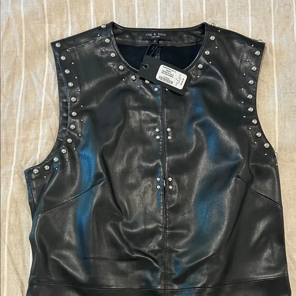 rag & bone Black Sleeveless Faux Leather Mini Dress with Studs
